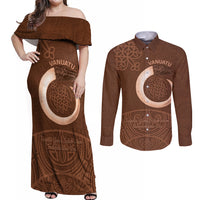 Vanuatu Indipendens Dei Couples Matching Off Shoulder Maxi Dress and Long Sleeve Button Shirt Yumi Sand Drawing Turtle Mix Lapita LT14 Brown - Polynesian Pride