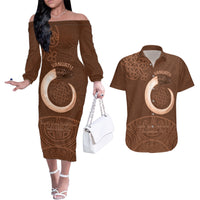 Vanuatu Indipendens Dei Couples Matching Off The Shoulder Long Sleeve Dress and Hawaiian Shirt Yumi Sand Drawing Turtle Mix Lapita LT14 Brown - Polynesian Pride