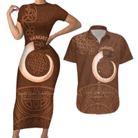 Vanuatu Indipendens Dei Couples Matching Short Sleeve Bodycon Dress and Hawaiian Shirt Yumi Sand Drawing Turtle Mix Lapita LT14 Brown - Polynesian Pride