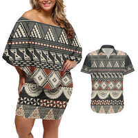 Vintage Bula Fiji Masi Couples Matching Off Shoulder Short Dress and Hawaiian Shirt Fijian Tapa Cloth LT14 Charcoal - Polynesian Pride