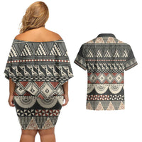 Vintage Bula Fiji Masi Couples Matching Off Shoulder Short Dress and Hawaiian Shirt Fijian Tapa Cloth LT14 - Polynesian Pride