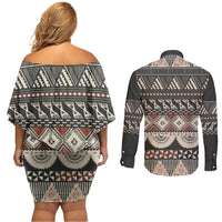 Vintage Bula Fiji Masi Couples Matching Off Shoulder Short Dress and Long Sleeve Button Shirt Fijian Tapa Cloth LT14 - Polynesian Pride