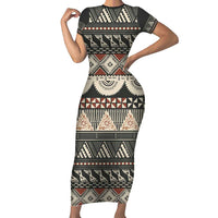Vintage Bula Fiji Masi Short Sleeve Bodycon Dress Fijian Tapa Cloth LT14 Long Dress Charcoal - Polynesian Pride