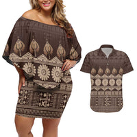 Bula Fiji Iri ni Meke Couples Matching Off Shoulder Short Dress and Hawaiian Shirt Kuvui Fijian Masi LT14 Brown - Polynesian Pride
