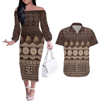 Bula Fiji Iri ni Meke Couples Matching Off The Shoulder Long Sleeve Dress and Hawaiian Shirt Kuvui Fijian Masi LT14 Brown - Polynesian Pride