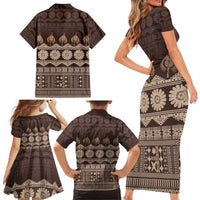 Bula Fiji Iri ni Meke Family Matching Short Sleeve Bodycon Dress and Hawaiian Shirt Kuvui Fijian Masi LT14 - Polynesian Pride