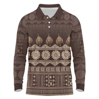Bula Fiji Iri ni Meke Long Sleeve Polo Shirt Kuvui Fijian Masi LT14 Brown - Polynesian Pride