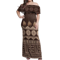 Bula Fiji Iri ni Meke Off Shoulder Maxi Dress Kuvui Fijian Masi LT14 Women Brown - Polynesian Pride
