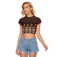 Bula Fiji Iri ni Meke Raglan Cropped T Shirt Kuvui Fijian Masi LT14 Female Brown - Polynesian Pride