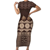 Bula Fiji Iri ni Meke Short Sleeve Bodycon Dress Kuvui Fijian Masi LT14 Long Dress Brown - Polynesian Pride