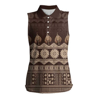 Bula Fiji Iri ni Meke Women Sleeveless Polo Shirt Kuvui Fijian Masi LT14 Female Brown - Polynesian Pride