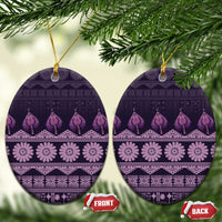 Bula Fiji Iri ni Meke Ceramic Ornament Lokaloka Fijian Masi LT14 Oval Purple - Polynesian Pride