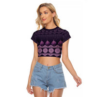 Bula Fiji Iri ni Meke Raglan Cropped T Shirt Lokaloka Fijian Masi LT14 Female Purple - Polynesian Pride