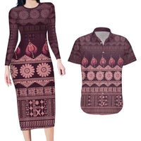 Bula Fiji Iri ni Meke Couples Matching Long Sleeve Bodycon Dress and Hawaiian Shirt Piqi Fijian Masi LT14 Pink - Polynesian Pride