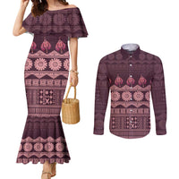 Bula Fiji Iri ni Meke Couples Matching Mermaid Dress and Long Sleeve Button Shirt Piqi Fijian Masi LT14 Pink - Polynesian Pride
