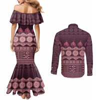 Bula Fiji Iri ni Meke Couples Matching Mermaid Dress and Long Sleeve Button Shirt Piqi Fijian Masi LT14 - Polynesian Pride