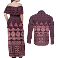 Bula Fiji Iri ni Meke Couples Matching Off Shoulder Maxi Dress and Long Sleeve Button Shirt Piqi Fijian Masi LT14 - Polynesian Pride