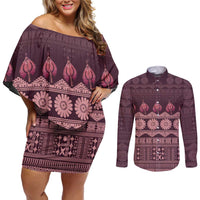 Bula Fiji Iri ni Meke Couples Matching Off Shoulder Short Dress and Long Sleeve Button Shirt Piqi Fijian Masi LT14 Pink - Polynesian Pride