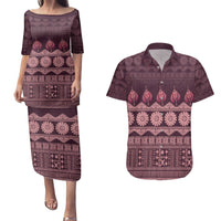 Bula Fiji Iri ni Meke Couples Matching Puletasi and Hawaiian Shirt Piqi Fijian Masi LT14 Pink - Polynesian Pride