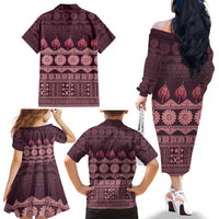 Bula Fiji Iri ni Meke Family Matching Off The Shoulder Long Sleeve Dress and Hawaiian Shirt Piqi Fijian Masi LT14 - Polynesian Pride