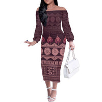 Bula Fiji Iri ni Meke Family Matching Off The Shoulder Long Sleeve Dress and Hawaiian Shirt Piqi Fijian Masi LT14 Mom's Dress Pink - Polynesian Pride