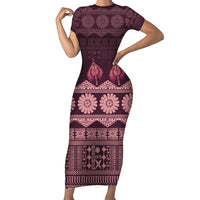 Bula Fiji Iri ni Meke Family Matching Short Sleeve Bodycon Dress and Hawaiian Shirt Piqi Fijian Masi LT14 Mom's Dress Pink - Polynesian Pride