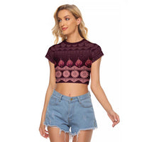 Bula Fiji Iri ni Meke Raglan Cropped T Shirt Piqi Fijian Masi LT14 Female Pink - Polynesian Pride