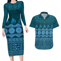 Bula Fiji Iri ni Meke Couples Matching Long Sleeve Bodycon Dress and Hawaiian Shirt Karakarawa Fijian Masi LT14 Blue - Polynesian Pride