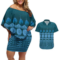Bula Fiji Iri ni Meke Couples Matching Off Shoulder Short Dress and Hawaiian Shirt Karakarawa Fijian Masi LT14 Blue - Polynesian Pride