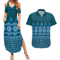 Bula Fiji Iri ni Meke Couples Matching Summer Maxi Dress and Hawaiian Shirt Karakarawa Fijian Masi LT14 Blue - Polynesian Pride