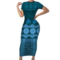 Bula Fiji Iri ni Meke Family Matching Short Sleeve Bodycon Dress and Hawaiian Shirt Karakarawa Fijian Masi LT14 Mom's Dress Blue - Polynesian Pride