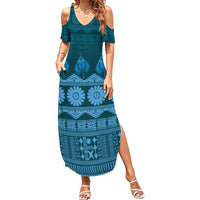 Bula Fiji Iri ni Meke Family Matching Summer Maxi Dress and Hawaiian Shirt Karakarawa Fijian Masi LT14 Mom's Dress Blue - Polynesian Pride