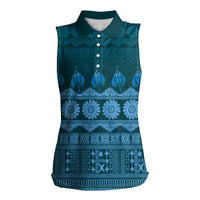 Bula Fiji Iri ni Meke Women Sleeveless Polo Shirt Karakarawa Fijian Masi LT14 Female Blue - Polynesian Pride