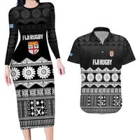 Fiji Tapa Rugby Custom Couples Matching Long Sleeve Bodycon Dress and Hawaiian Shirt Go Fijiana LT14 Black - Polynesian Pride