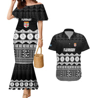 Fiji Tapa Rugby Custom Couples Matching Mermaid Dress and Hawaiian Shirt Go Fijiana LT14 Black - Polynesian Pride