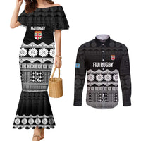 Fiji Tapa Rugby Custom Couples Matching Mermaid Dress and Long Sleeve Button Shirt Go Fijiana LT14 Black - Polynesian Pride