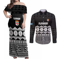 Fiji Tapa Rugby Custom Couples Matching Off Shoulder Maxi Dress and Long Sleeve Button Shirt Go Fijiana LT14 Black - Polynesian Pride
