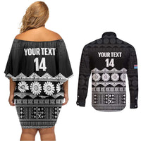 Fiji Tapa Rugby Custom Couples Matching Off Shoulder Short Dress and Long Sleeve Button Shirt Go Fijiana LT14 - Polynesian Pride