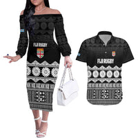 Fiji Tapa Rugby Custom Couples Matching Off The Shoulder Long Sleeve Dress and Hawaiian Shirt Go Fijiana LT14 Black - Polynesian Pride