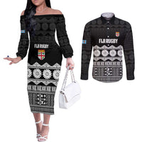 Fiji Tapa Rugby Custom Couples Matching Off The Shoulder Long Sleeve Dress and Long Sleeve Button Shirt Go Fijiana LT14 Black - Polynesian Pride