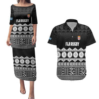 Fiji Tapa Rugby Custom Couples Matching Puletasi and Hawaiian Shirt Go Fijiana LT14 Black - Polynesian Pride