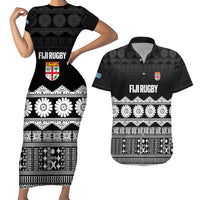 Fiji Tapa Rugby Custom Couples Matching Short Sleeve Bodycon Dress and Hawaiian Shirt Go Fijiana LT14 Black - Polynesian Pride