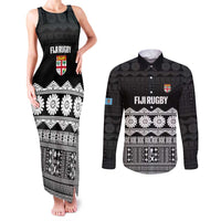Fiji Tapa Rugby Custom Couples Matching Tank Maxi Dress and Long Sleeve Button Shirt Go Fijiana LT14 Black - Polynesian Pride