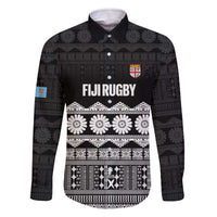 Fiji Tapa Rugby Custom Family Matching Off The Shoulder Long Sleeve Dress and Hawaiian Shirt Go Fijiana LT14 Dad's Shirt - Long Sleeve Black - Polynesian Pride