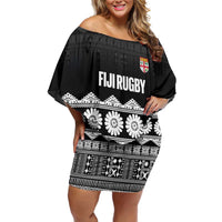 Fiji Tapa Rugby Custom Family Matching Off Shoulder Short Dress and Hawaiian Shirt Go Fijiana LT14 Mom's Dress Black - Polynesian Pride