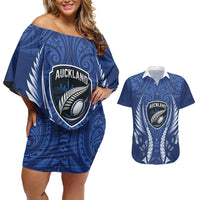 Auckland 2026 Rugby Custom Couples Matching Off Shoulder Short Dress and Hawaiian Shirt NZ Maori Silver Fern LT14 Blue - Polynesian Pride
