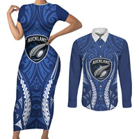 Auckland 2026 Rugby Custom Couples Matching Short Sleeve Bodycon Dress and Long Sleeve Button Shirt NZ Maori Silver Fern LT14 Blue - Polynesian Pride
