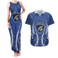 Auckland 2026 Rugby Custom Couples Matching Tank Maxi Dress and Hawaiian Shirt NZ Maori Silver Fern LT14 Blue - Polynesian Pride