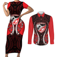 Canterbury 2026 Rugby Custom Couples Matching Short Sleeve Bodycon Dress and Long Sleeve Button Shirt NZ Maori Silver Fern LT14 Red - Polynesian Pride