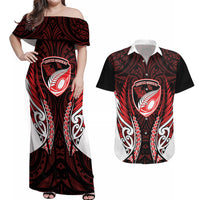 Counties Manukau 2026 Rugby Custom Couples Matching Off Shoulder Maxi Dress and Hawaiian Shirt NZ Maori Silver Fern LT14 Red - Polynesian Pride